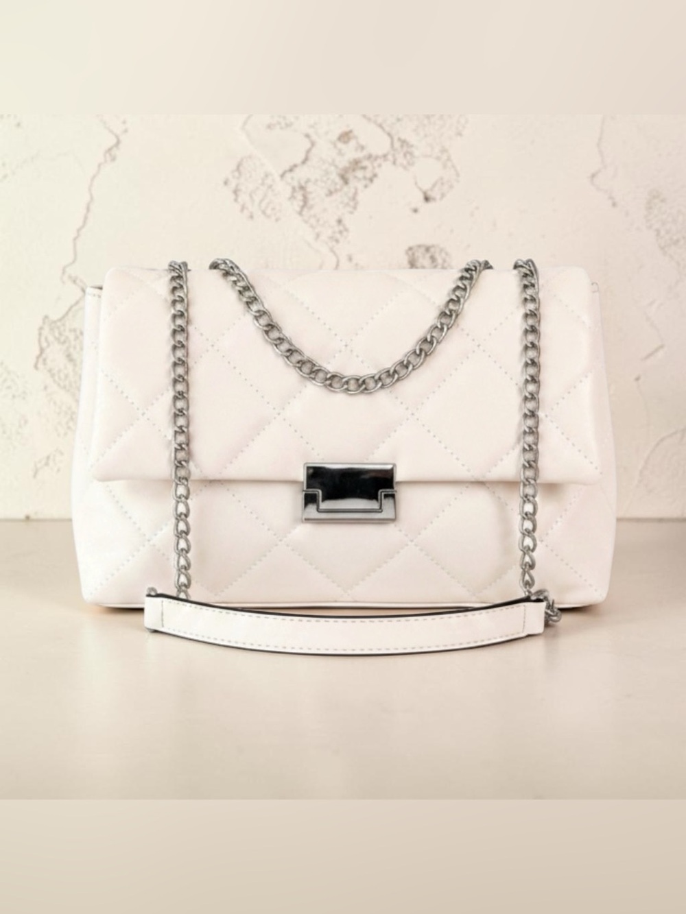 Quince Cream  Quilted Chain Shoulder Bag Ivory Designer Inspired  Turn Lock NWT